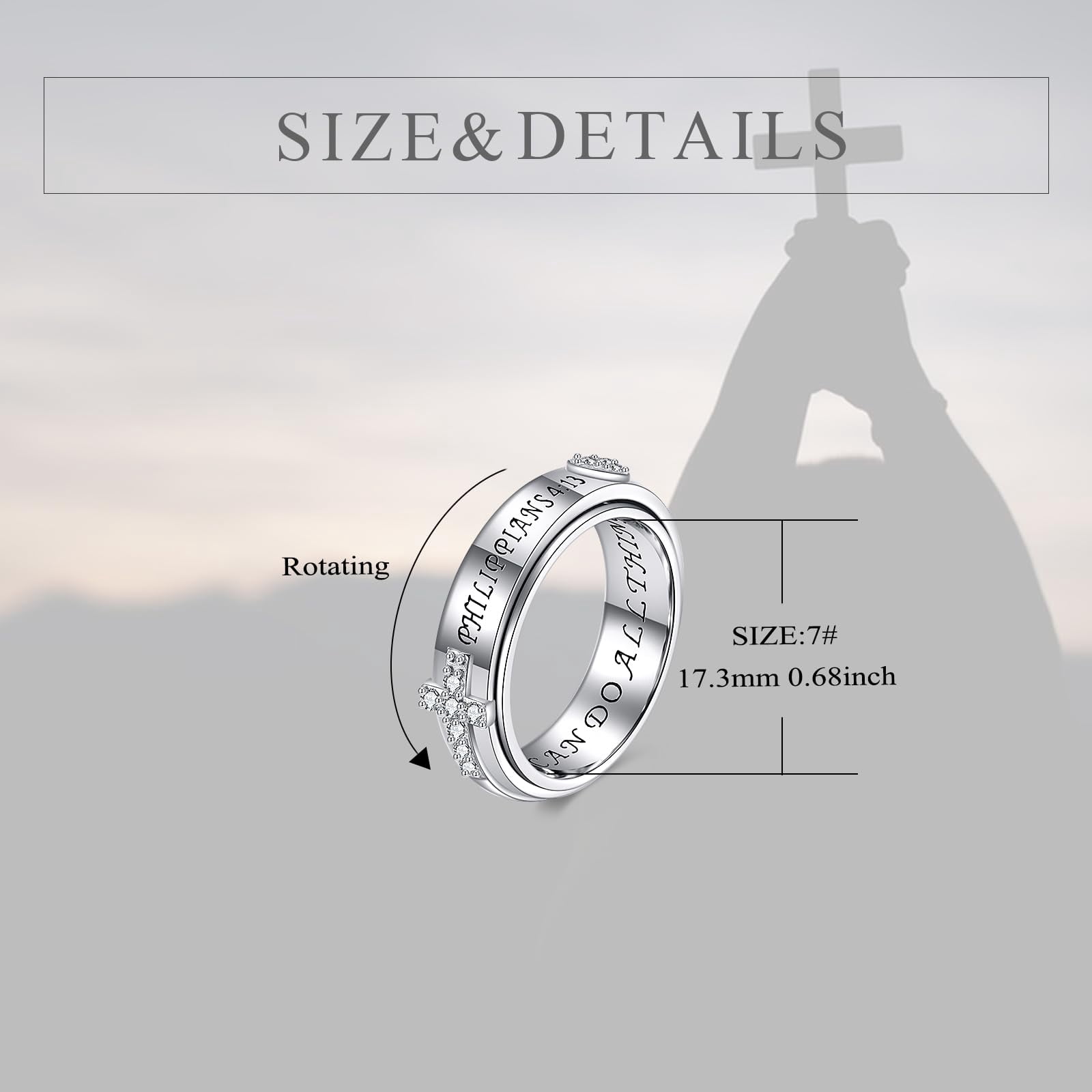 YAFEINI 925 Sterling Silver Anxiety Fidget Spinner Ring Cross Heart Engraved Ring Zircon Jewelry Gift for Women Men #7