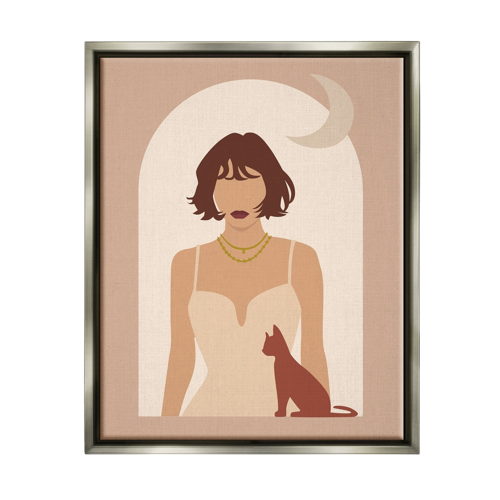 Stupell Industries Woman & Cat Arch Shape Cutout Moon Motif Graphic Art Luster Gray Floating Framed Canvas Print Wall Art, Design by Birch&Ink
