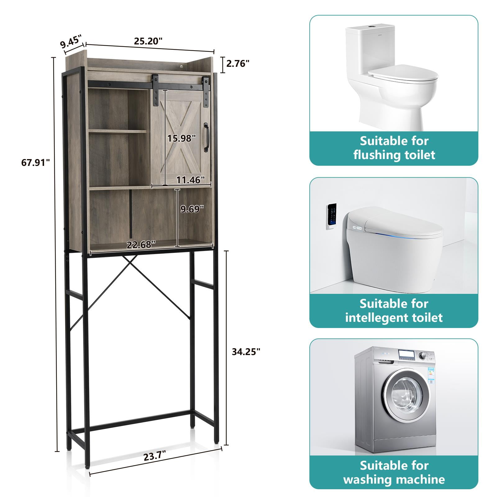 Ktaxon 3-Shelf Over The Toilet Bathroom Storage Cabinet and Shelf with Sliding Barn Door, Retro Gray