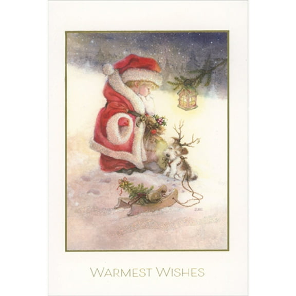 Pictura Cute Child and Dog Dressed as Santa and Reindeer Christmas Card