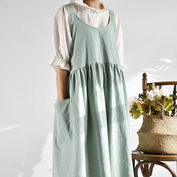 Women Girls Cross Back Apron Gardening Works Cotton Aprons Pinafore Dress - Mint