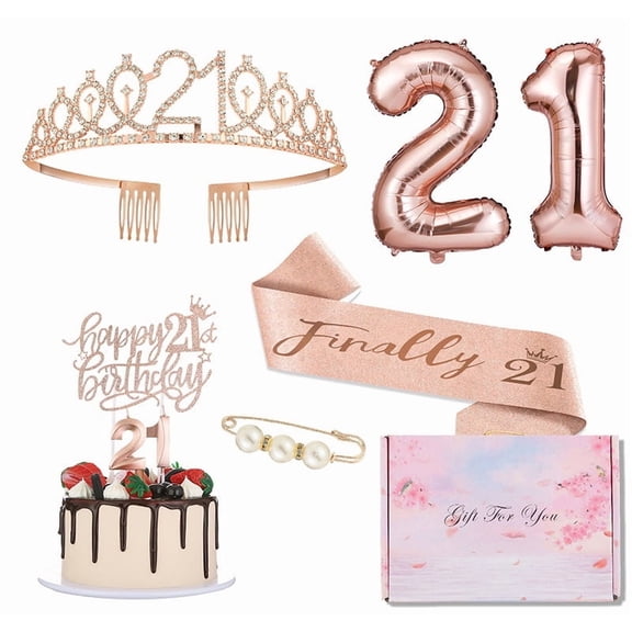 21st Birthday Gifts Decorations for Her, Including 21st Cake Toppers, Birthday Queen Sash with Pearl Pin, Sweet Rhinestone Tiara Crown, Number Candles and Balloons Set, Rose Gold