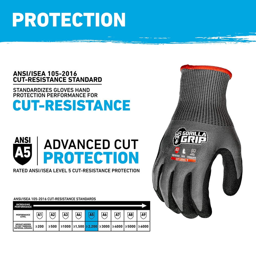 Gorilla Grip Work Glove, ANSI A5 Cut Resistant Nitrile Coated Men's Gloves, Superior Grip in Wet Conditions, Touchscreen, Gray, Large, 1 Pair