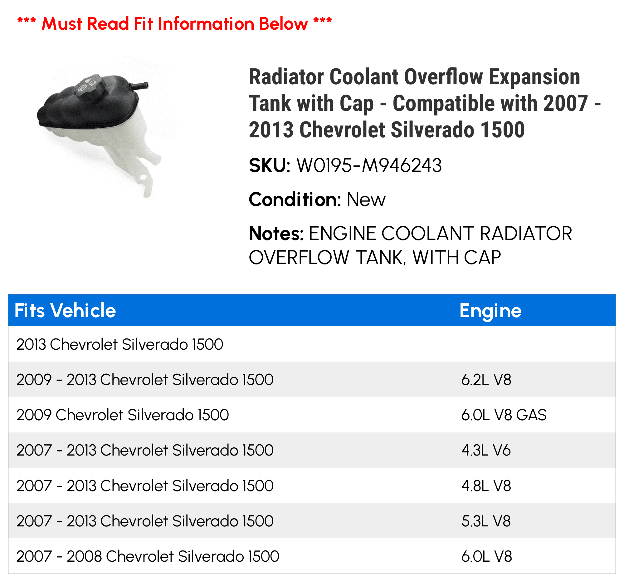 Radiator Coolant Overflow Expansion Tank with Cap - Compatible with 2007 - 2013 Chevy Silverado 1500 2008 2009 2010 2011 2012