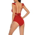 thumbnail image 5 of UTSJKR Women's Ruffle Flounce One Piece Bathing Suit Cutout V Neck Backless Swimwear Tie Front Adjustable Frenum Flounce Bikinis Red M, 5 of 5