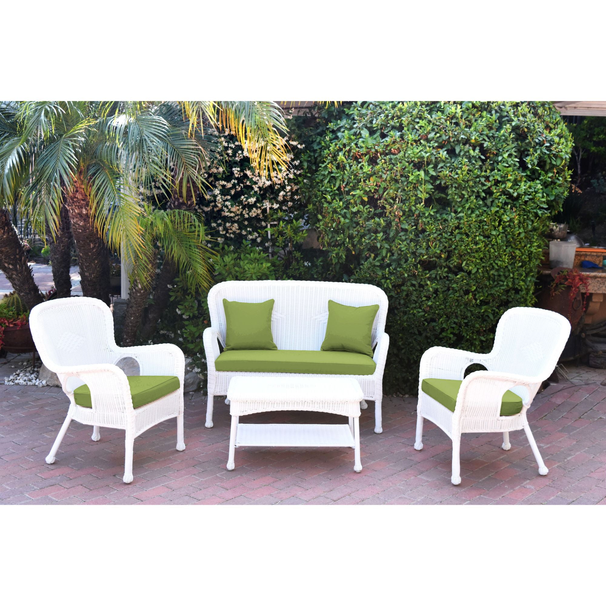 4Piece White Wicker Outdoor Furniture Patio Conversation Set Sage