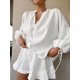 thumbnail image 1 of Conjunto de 2 piezas de algodón y lino para mujer, traje de playa informal, pantalones cortos holgados con volantes, jersey de manga larga con cordón, 2024, 1 of 5