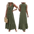 thumbnail image 2 of Women'S Summer Beach Cotton Tank Dress Linen Boho Sleeveless Tiered Ruffle Maxi Long Sundress Army Green M, 2 of 5