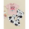 thumbnail image 2 of Bagilaanoe 2pcs Toddler Baby Girl Long Pants Set Letter Print Short Sleeve Sleeve T-shirt Tops + Flare Trousers 18M 24M 3T 4T 5T 6T Kids Casual Outfits, 2 of 9