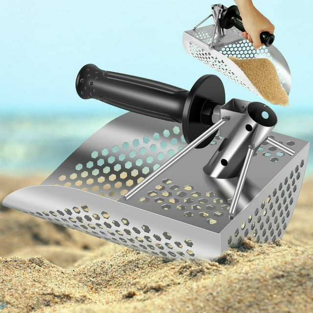 MesaSe Sand Scoop 304 Stainless Steel Beach Metal Detector Scoop with Detachable Handle Sturdy Digging Sifting Shovel Beach Treasure Hunting Scoop for Beach Treasure Finding