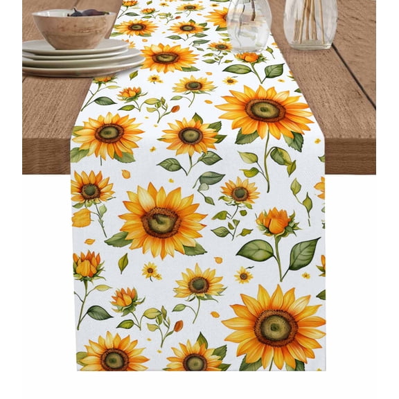 Ldtrchee Sunflower Table Runner 70 Inches, Vintage Botanical Wildflower Watercolor Floral Bed Runner Dresser Scarves Tabletop for Indoor Outdoor Parties/Ceremony/Banquet, 13" x 70"