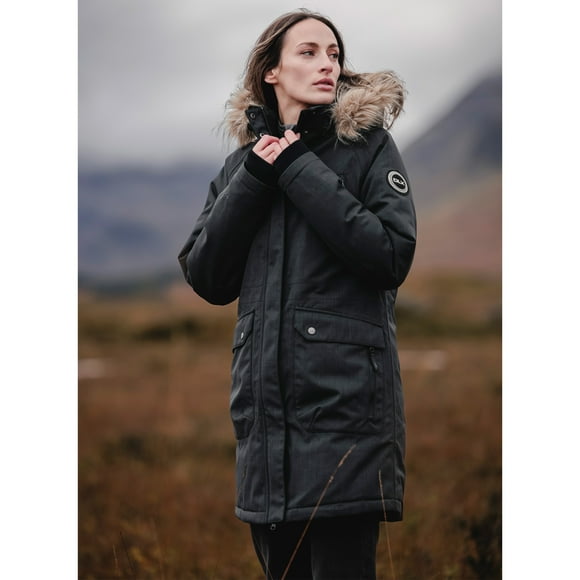 DLX Womens Down Jacket Long Length Full Front Zip Detachable Hood Fur Trim Dana