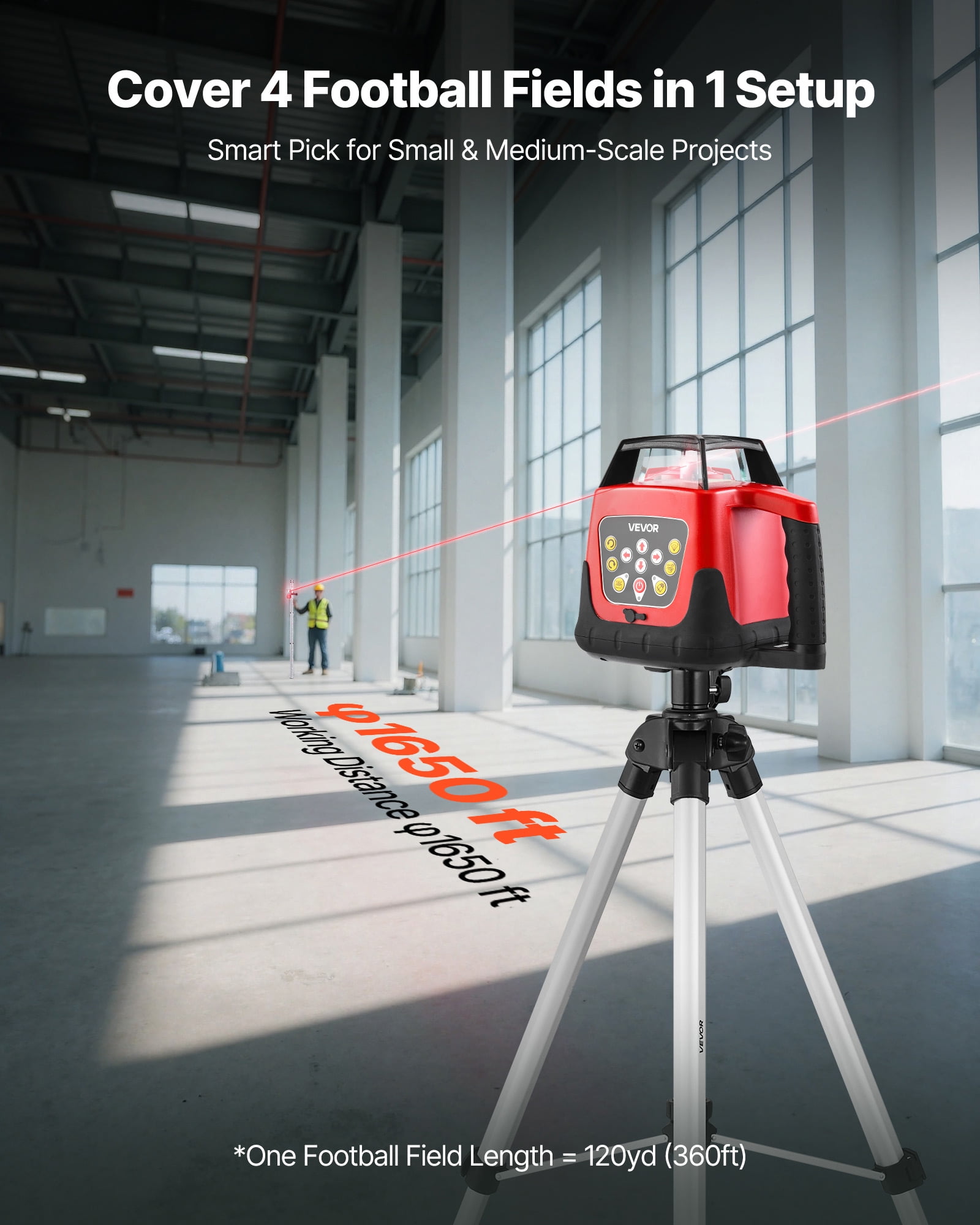 VEVOR Rotary Laser Level Kit, 1650ft 360-Degree Self Leveling Red Horizontal Laser Transit,with Tripod,Receiver,Remote Control,Scale,Toolcase,IP66 Waterproof,0.80in/100ft Precision for Construction