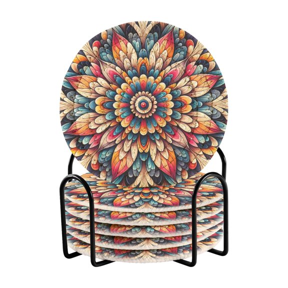 Pattern Flowers Boho 6 Pcs Drink Coasters with Holder Absorbent Coasters Woven Coasters for Drinks Table Desk Protection Home Decor