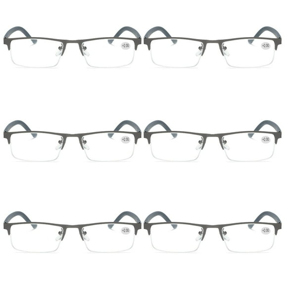 6 PK Men's Blue Light Blocking Reading Glasses - Rectangular Metal Half-Frame - Spring Hinge Readers  0.75
