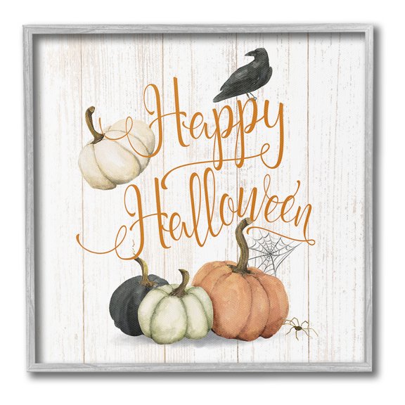 Stupell Industries Rustic Happy Halloween Holiday Painting Gray Framed Art Print Wall Art, 12 x 12