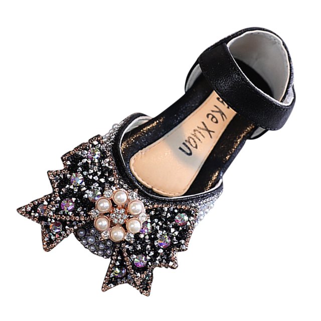 Sandales pour Fillettes Robe Danse Performance Princesse Perle Strass Grand Nœud Confortables Chaussures pour Fillettes Noires 5-5.5 Ans