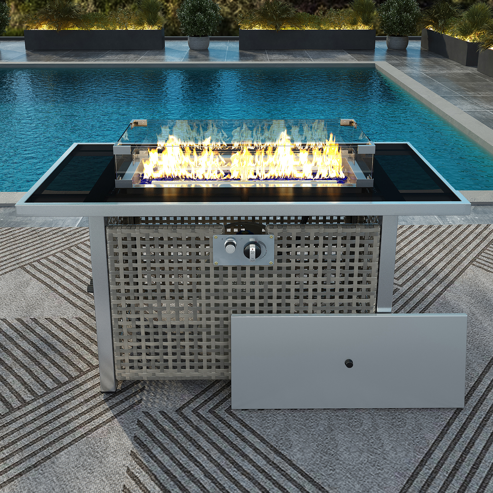 43" Propane Fire Pit Table for Outside Patio, 60,000 BTU Outdoor Fire Table with Glass Wind Guard & Steel Frame - Grey