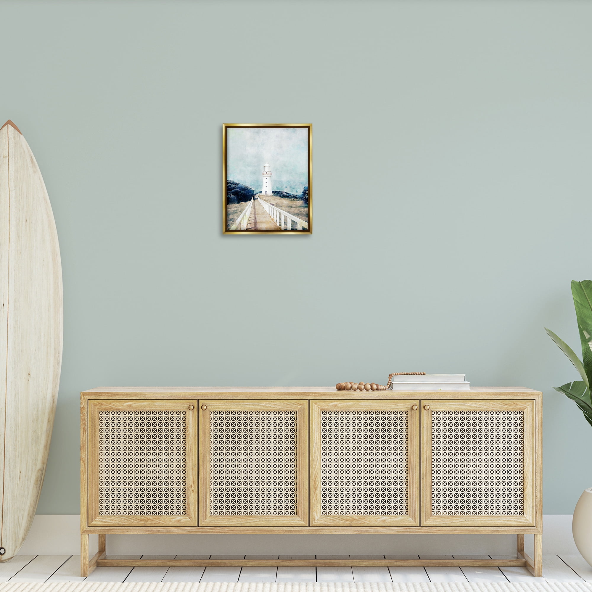 Stupell Industries White Lighthouse & Rustic Boardwalk Nature Painting Gold Floater Framed Canvas Art Print Wall Art, 17 x 21