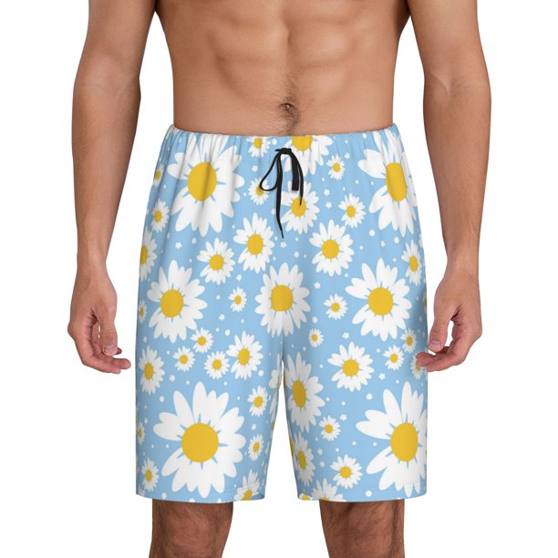 Balery Daisies Flowers Pantalones cortos de pijama de punto de algodón para hombre con cinturilla y bolsillos-Large