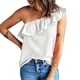 thumbnail image 3 of Blusa sin mangas de un hombro para mujer con ribete de volantes Camiseta informal de verano de color puro elegante Blanco L, 3 of 6