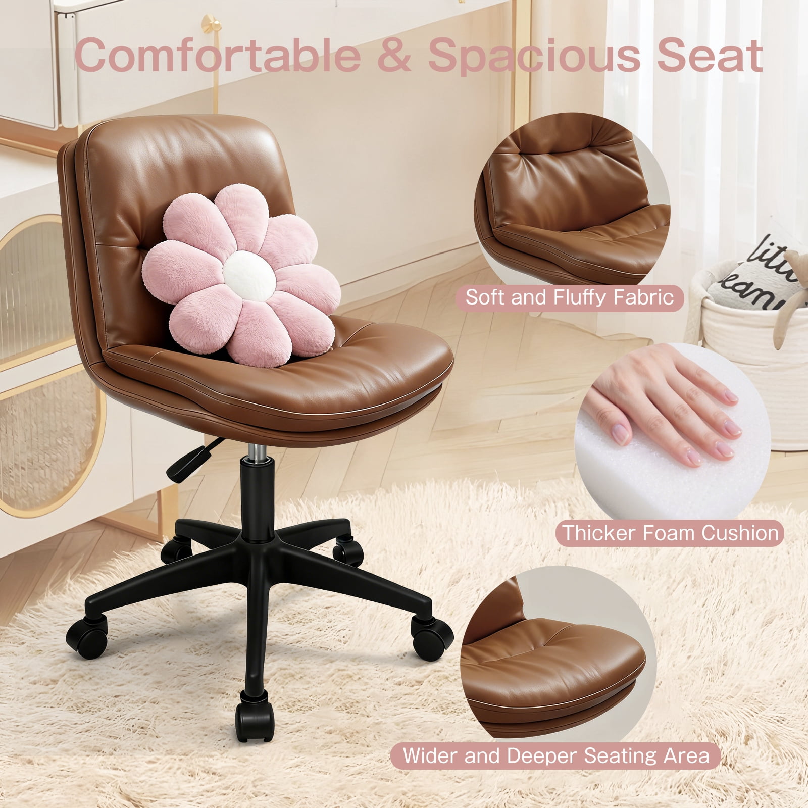 Vanity Chair with Back, PU Leather Swivel Office Desk Chair, Height Adjustable Armless Chair for Small Spaces, Bedroom, Vanity, Home Office Brown