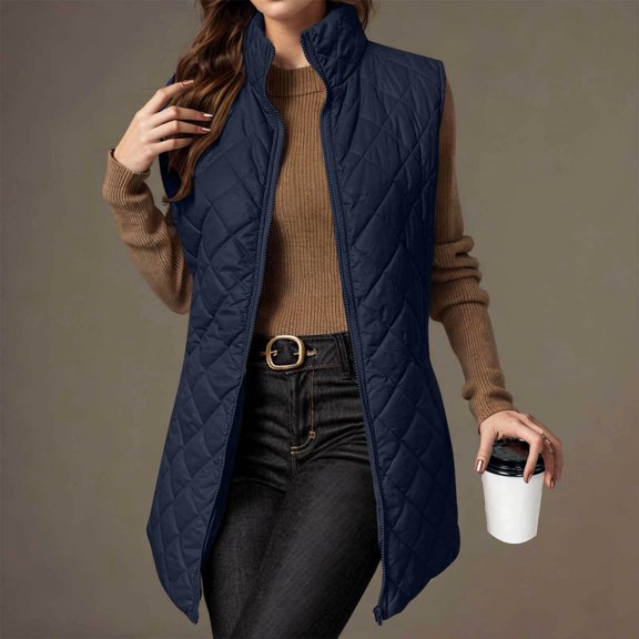 RRJ Women's Fall Winter Sleeveless Zipper Vest Casual Warm Quilted Puffer Waistcoat Outerwear, Navy XL