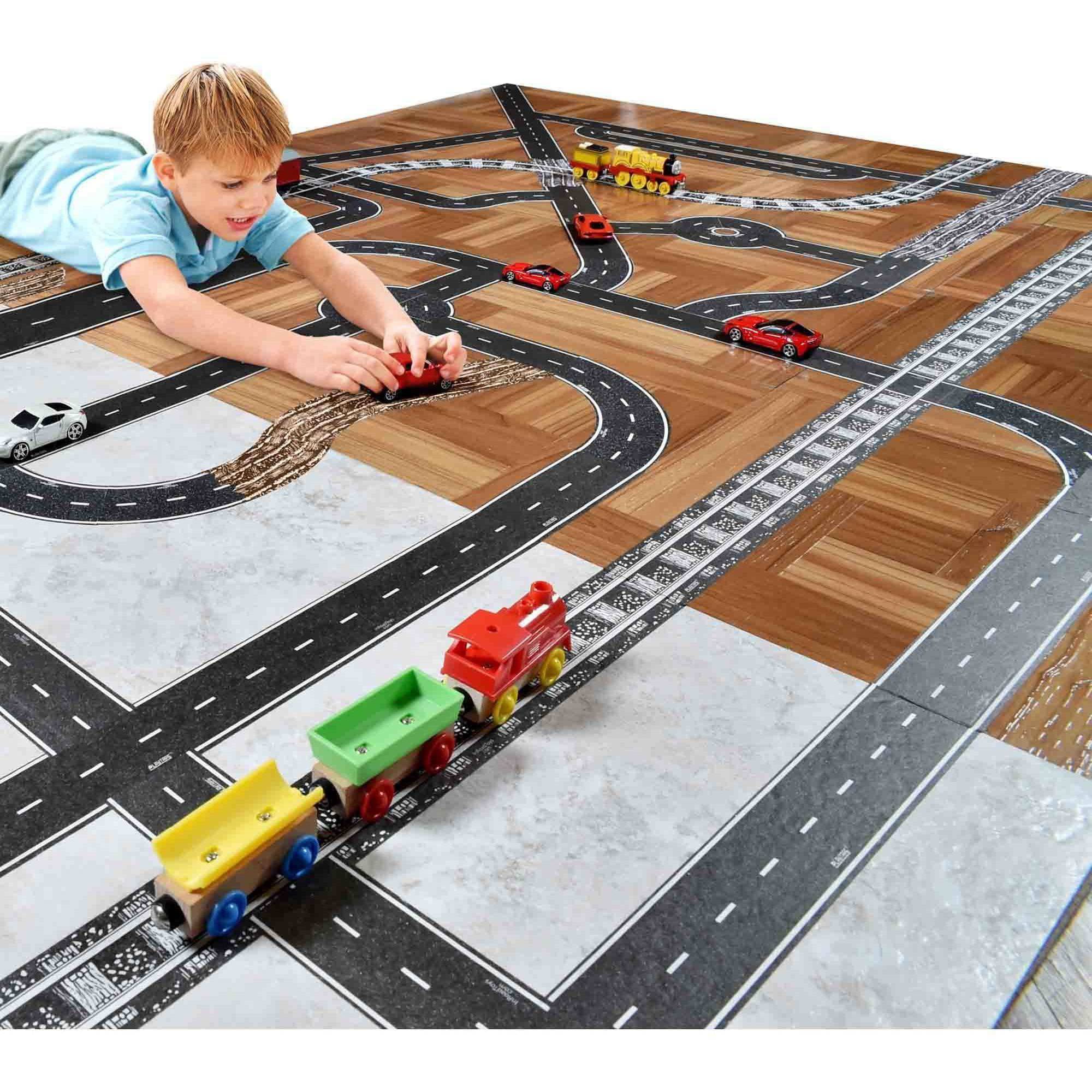 Playtape Black Road Tape Includes Street Curves, Tape Toy Car Track for Kids, Sticker Roll for Cars and Train Sets, 1 Roll of 30 ft x 4 inch Road + 12