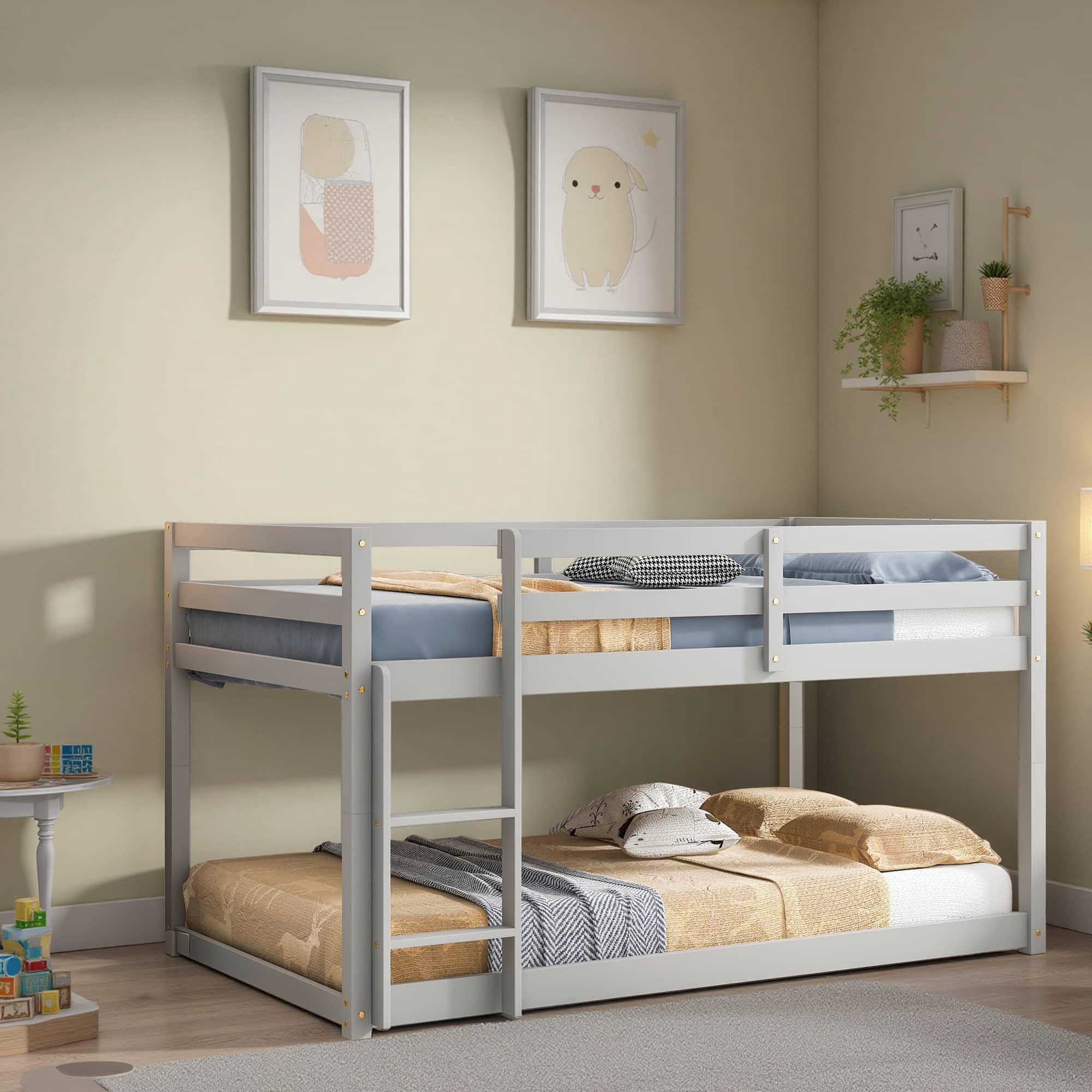 MAYEERTY Twin over Twin Floor Bunk Bed, Wood Bed Frame, Grey