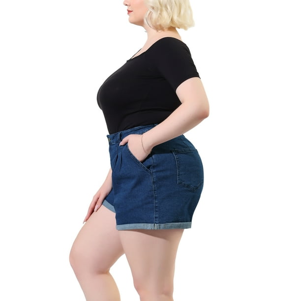 Unique Bargains Women s Plus Size Jean Short Zipper Roll Up Hem Stretched Denim Shorts Denim Blue 4X Walmart
