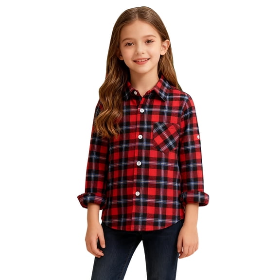 Ruyang Buffalo Plaid Shackets for Kids Flannel Shirts Jackets Boys Girls Button Down Lapel Neck Cozy Blouse Tops Spring
