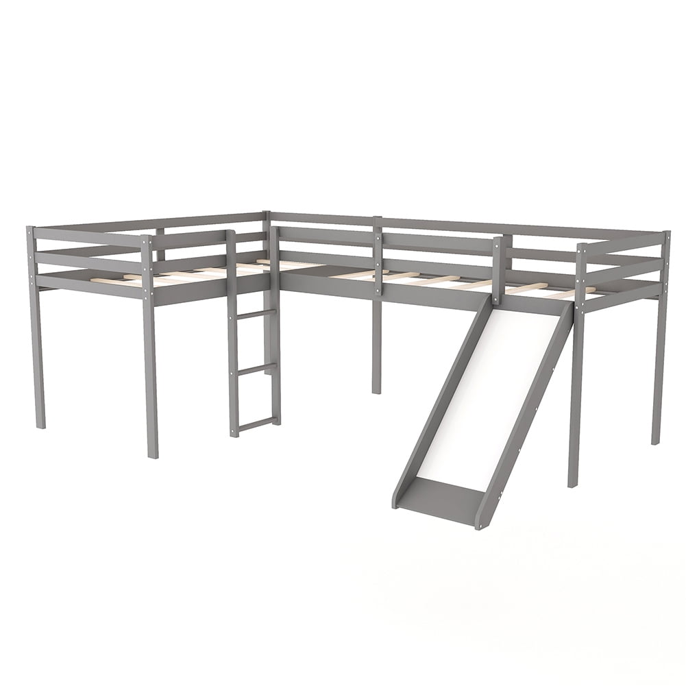 Kadyn L Shaped Loft Bed in Kid's Bedroom with Ladder and Slide, Gray Kadyn L Shaped Loft Bed in Kid's Bedroom with Ladder and Slide, Gray