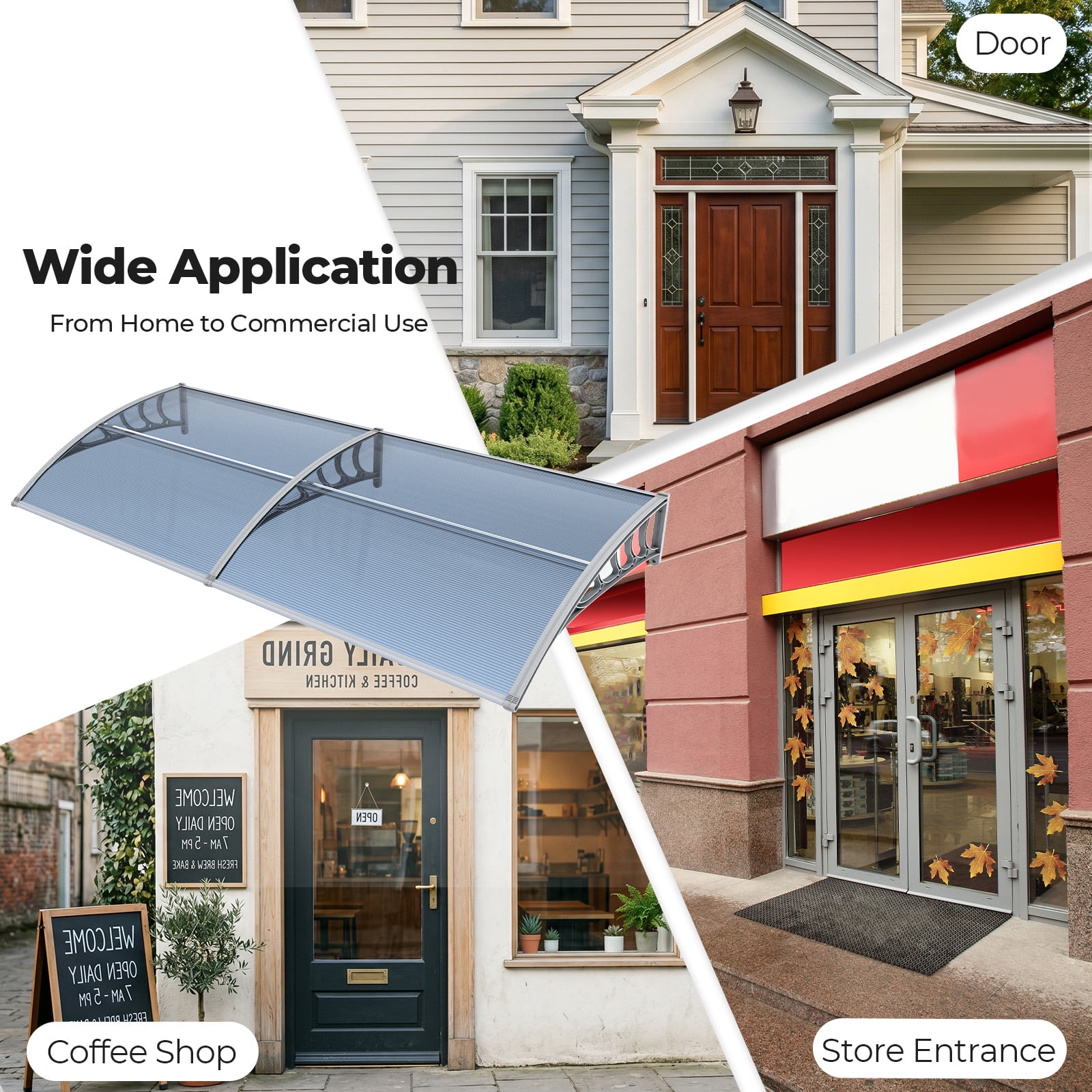 Clear Polycarbonate Door Window Awning, All Weather Rain UV Snow Protection Canopy with PP Bracket & Aluminum Reinforced Bar for Entryway AC Unit Patio Porch