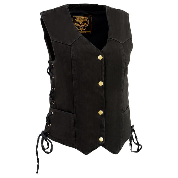 Milwaukee Leather MDL4001 Women's Black Denim Motorcycle Vest with Side Lace and 4 Snap Front 2X-Large
