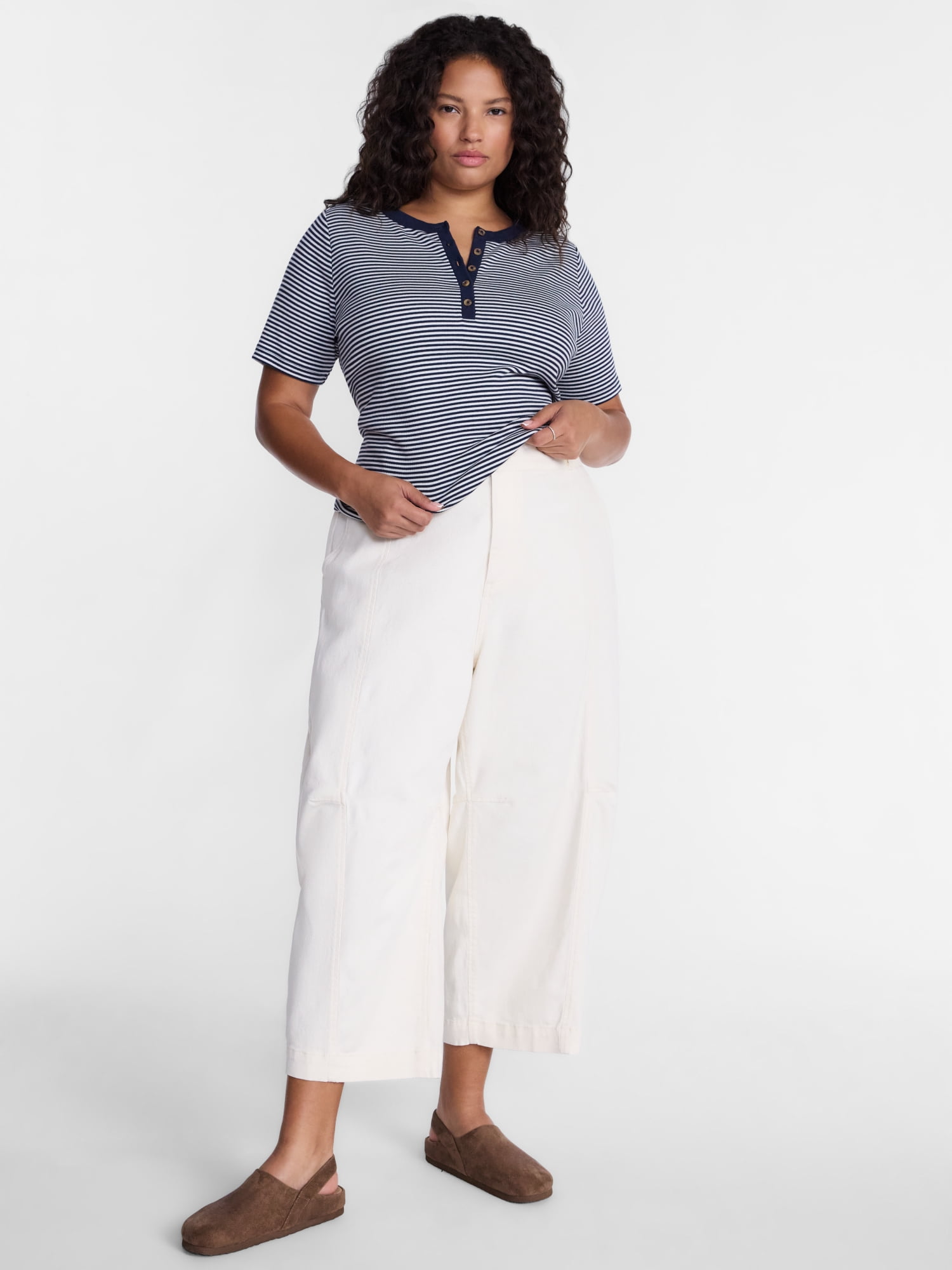 Terra & Sky Women's Plus Ribbed Henley Top with Short Sleeves, Sizes 0X-5X