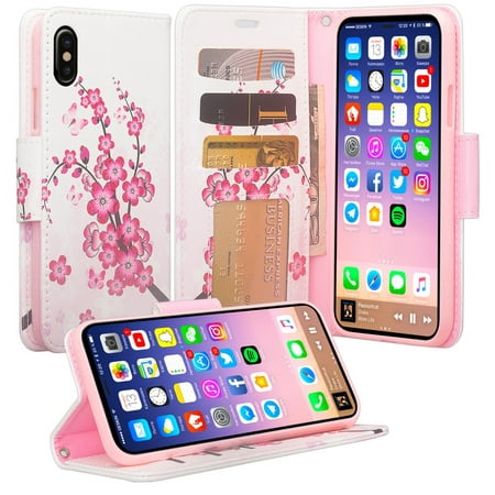Apple iPhone Xs/iPhone X Case, Leather Wallet Case Kickstand Phone Case for iPhone Xs 2018/iPhone X Phone Case - Cherry Blossom