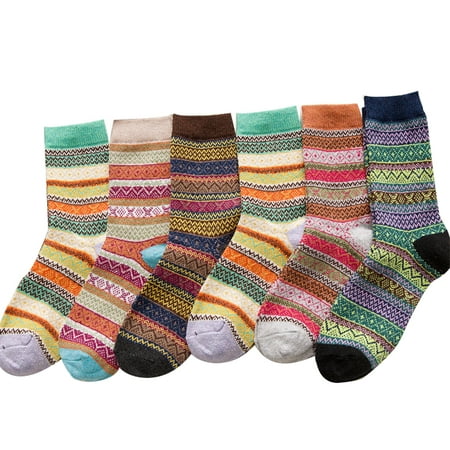 

Besufy Adult Women Socks 6 Pairs/Set Stylish Winter Stripes Woolen Thick Warm Middle Tube Socks