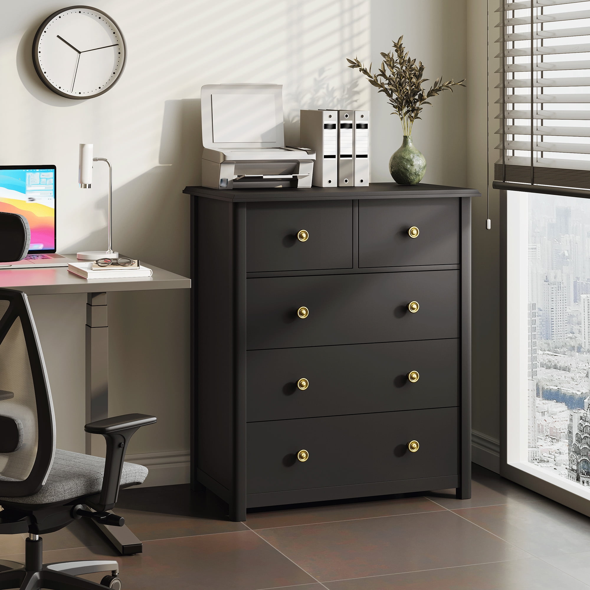 5-Drawer Wood Dresser for Bedroom,Tall Chest of Drawers Storage Cabinet for Living Room,Hallway, Office,Black