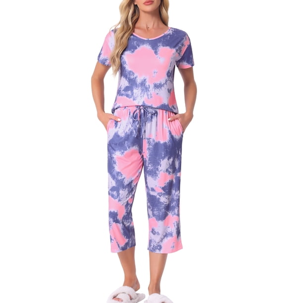 CONJUNTO DE PIJAMA PARA MUJERES INSPIRE CHIC PANTALONES CAPRI DE MANGA CORTA CON TIE DYE Y BOLSILLOS TAMAÑO S PÚRPURA
