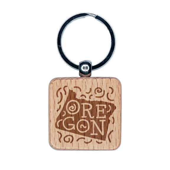 Oregon State with Text Swirls Square Keychain Charm Tag - Engraved Wood