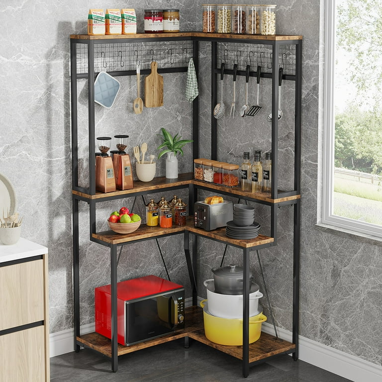 Tribesigns Corner Bakers Rack for Kitchen 8 Shelves Kitchen Storage Rack with 15 Hanging Hooks
