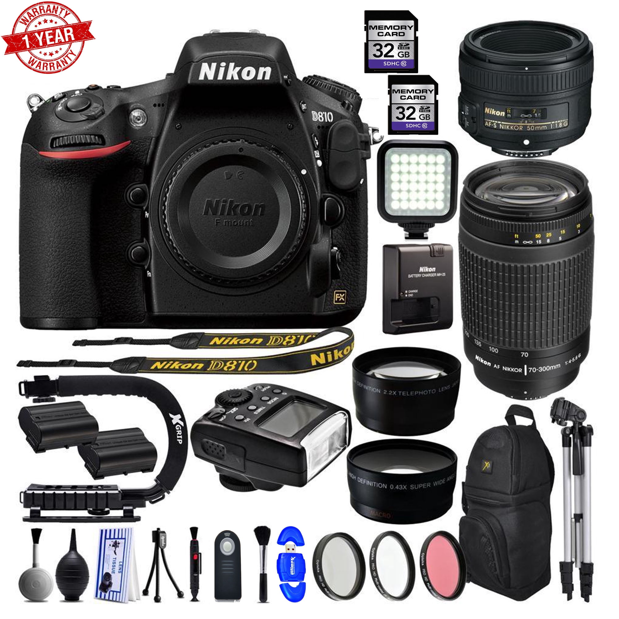 Nikon D810 36.3MP 1080P DSLR Camera w/ Wi-Fi & GPS Ready - 4 Lens - 21 to  300mm - 128GB- 24PC Kit