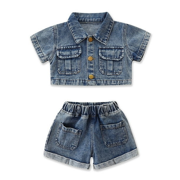 Odeerbi 2-12 Años Niñas Verano Conjuntos de Manga Corta Denim Camisa Denim Pantalones Cortos Conjunto de Dos Piezas Cropped Tops Cardigan