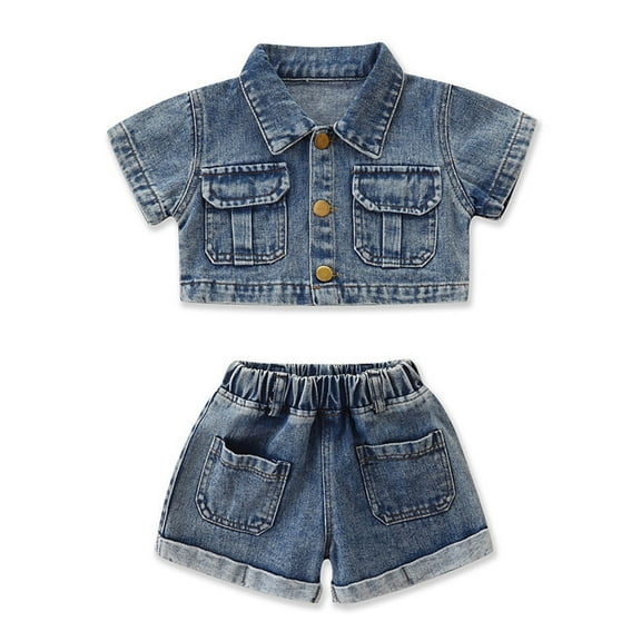 Odeerbi 2-12 Years Toddler Girls Summer Outfits Short Sleeve Denim Shirt Denim Shorts Two-piece Set Cropped Tops Cardigan Loungewear Toddler Girls Clothes