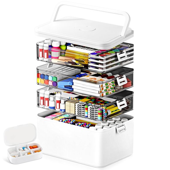 4 Niveles Caja de Almacenamiento de Medicamentos, Botiquín de Primeros Auxilios de Plástico, Caja de Almacenamiento Portátil, con Broche, Mango, A prueba de Humedad, p