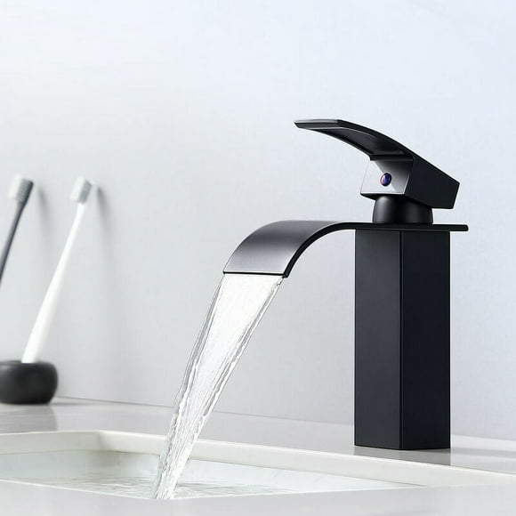 Lavatory Basin Faucet, Matte Black Waterfall Effect, Stainless Steel with Solid Brass Core, Deck Plate for Easy Built-In Sink Installation