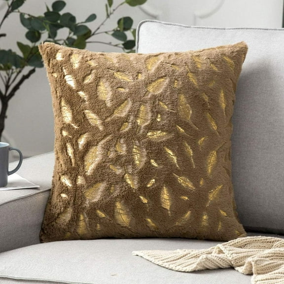 ERDOUY Faux Fur Throw Pillows Cover with Gold Leaves Super Soft Plush Square (Brown, 18"x18")