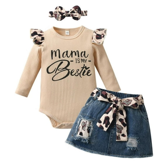 Infant Baby Girl Clothes Letter Long Sleeve Ruffle Romper and Skirt Fall Outfits khaki 0-3 Months