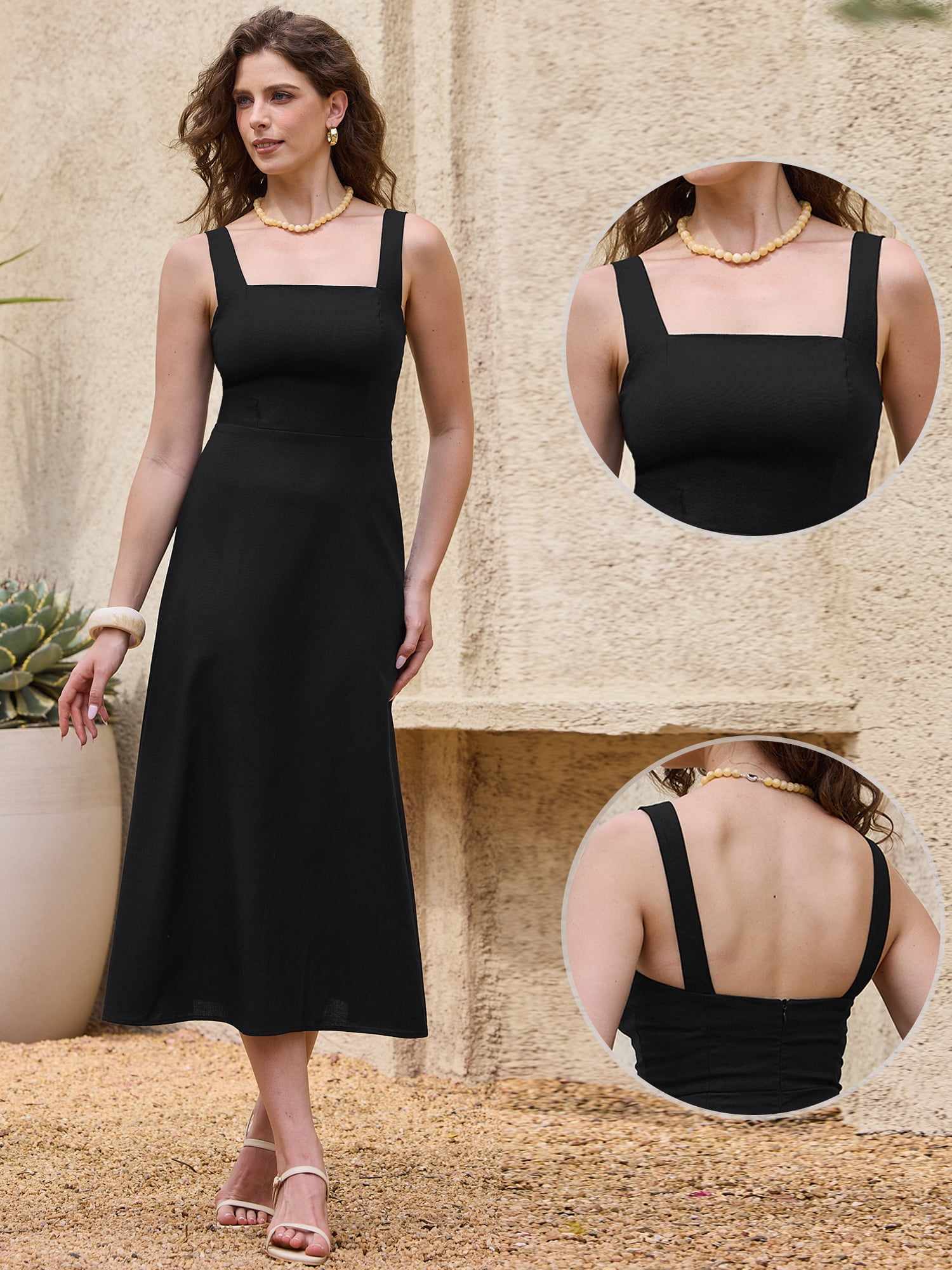 DARING DIVA Women's Linen Square Neck Straps Sleeveless Midi Dresses S Black