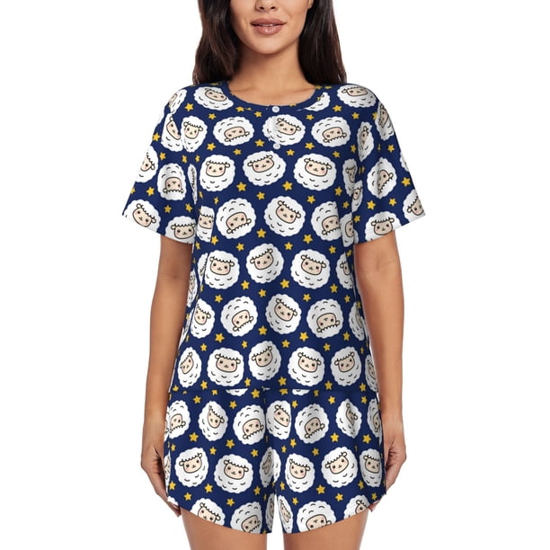 Balery Cute Sheep With Star Conjunto de Pijama para Mujer con Estampado, Dos Piezas de Manga Corta y Shorts, Ropa de Dormir Suave con Cuello Redondo y Bolsillos-Small